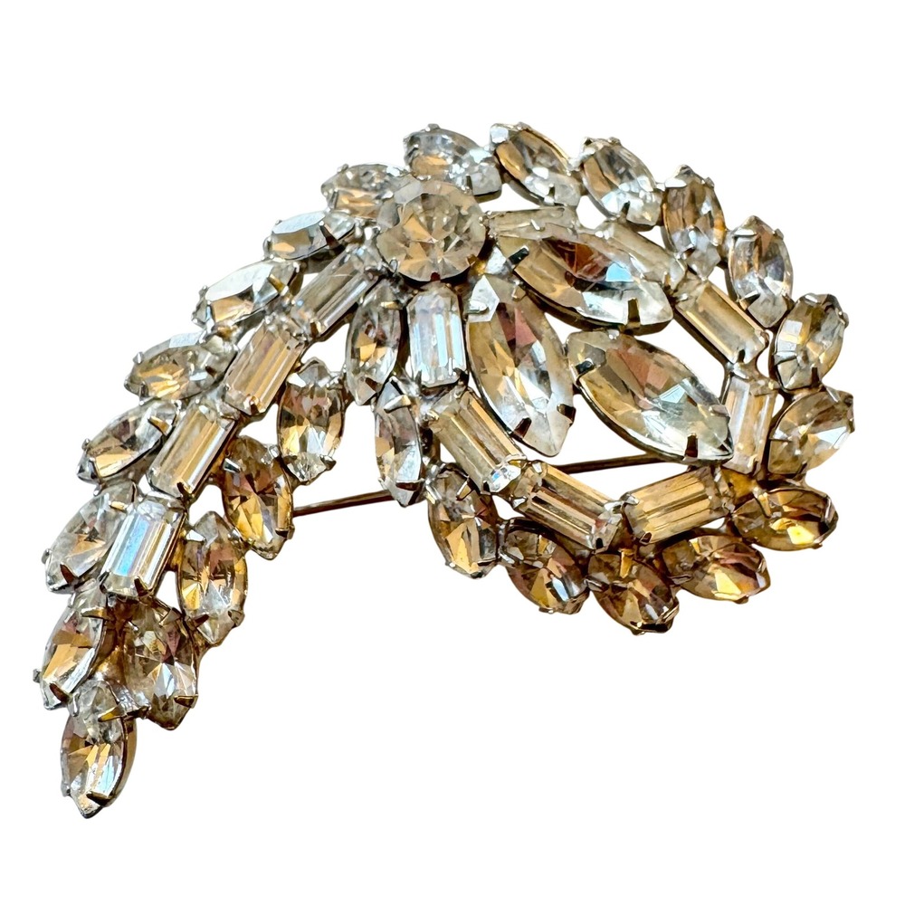 Sparkling Crystal Brooch Pin Rhinestone Floral Leaf‎ Design Silver Tone